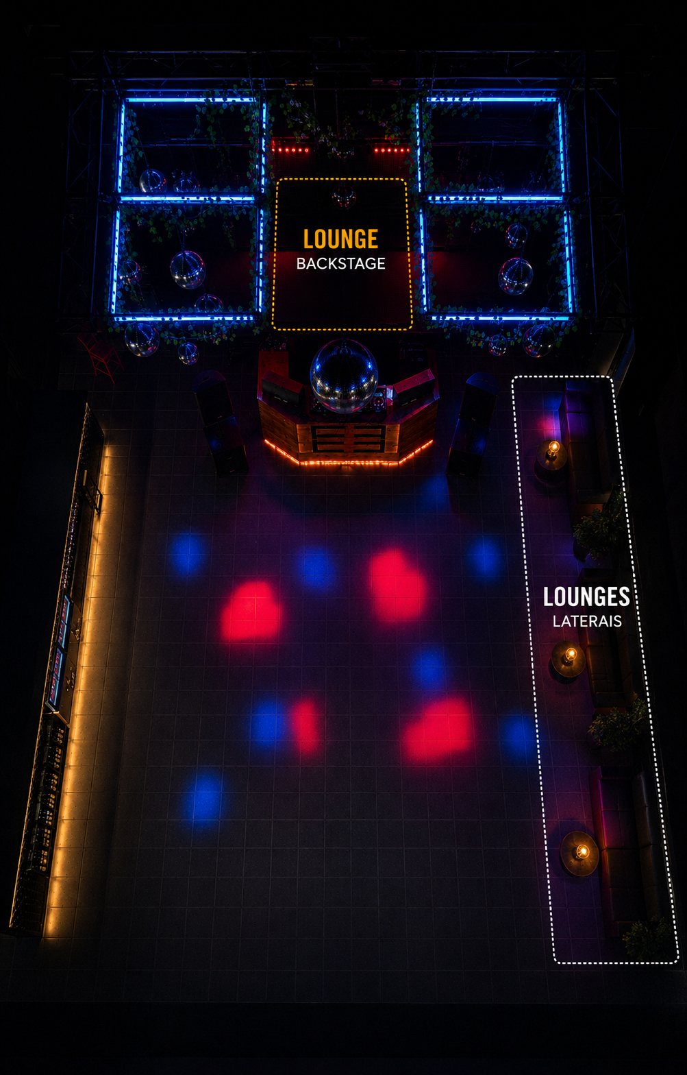 Mapa da Fabric com o Lounge Backstage atrás do palco e os três Lounges Laterais na lateral direita da pista